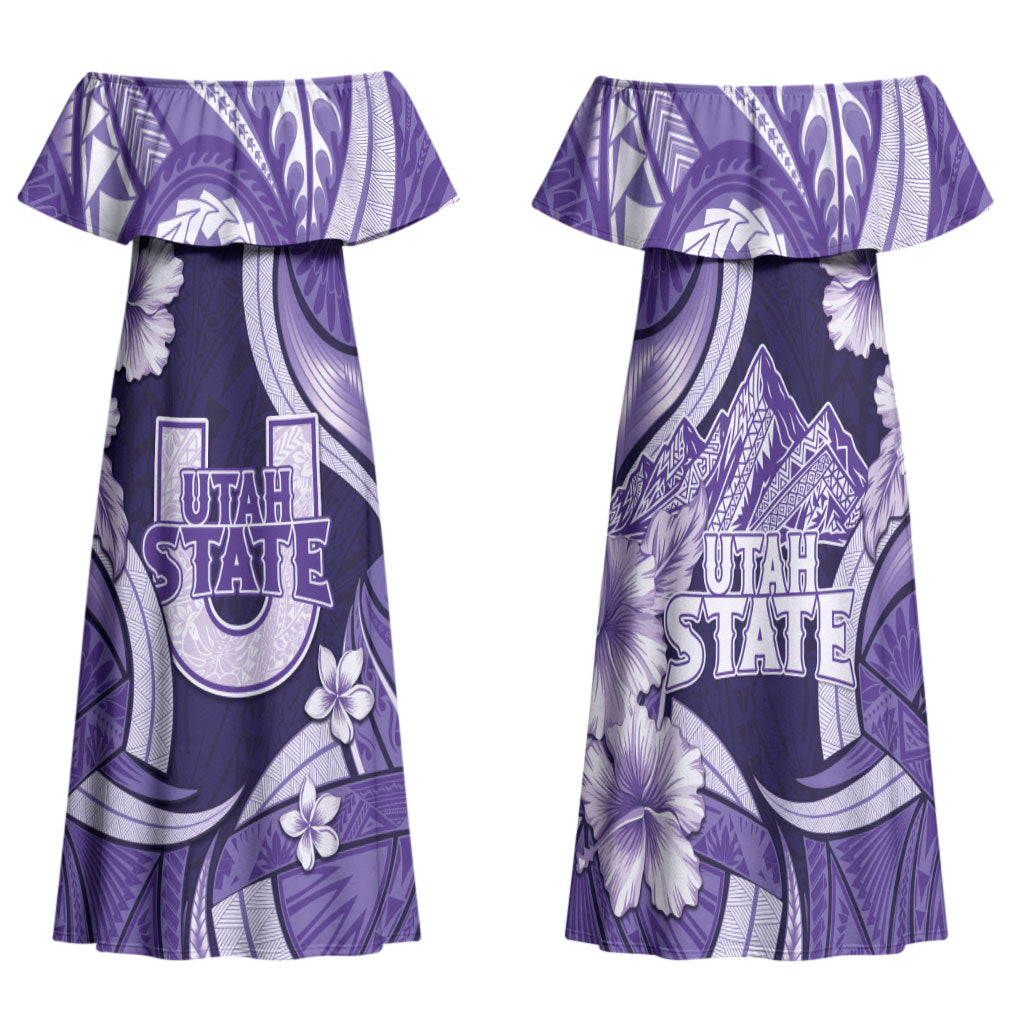 Utah State Polynesian Heritage Family Matching Off Shoulder Maxi Dress and Hawaiian Shirt Floral Tribal Pattern Tropical Flowers LT05 Mom's Dress Purple - Polynesian Pride