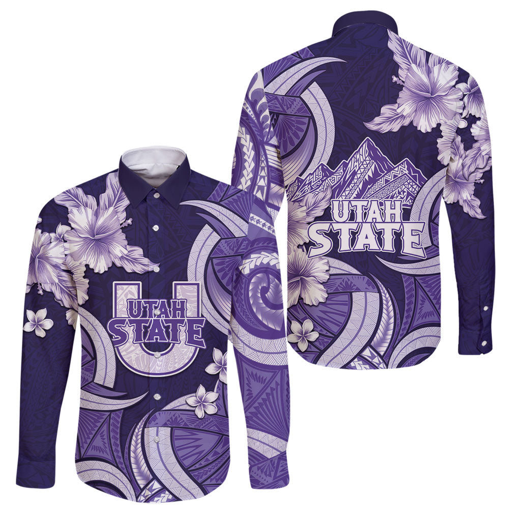 Utah State Polynesian Heritage Family Matching Off Shoulder Maxi Dress and Hawaiian Shirt Floral Tribal Pattern Tropical Flowers LT05 Dad's Shirt - Long Sleeve Purple - Polynesian Pride