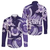 Utah State Polynesian Heritage Family Matching Off Shoulder Maxi Dress and Hawaiian Shirt Floral Tribal Pattern Tropical Flowers LT05 Dad's Shirt - Long Sleeve Purple - Polynesian Pride