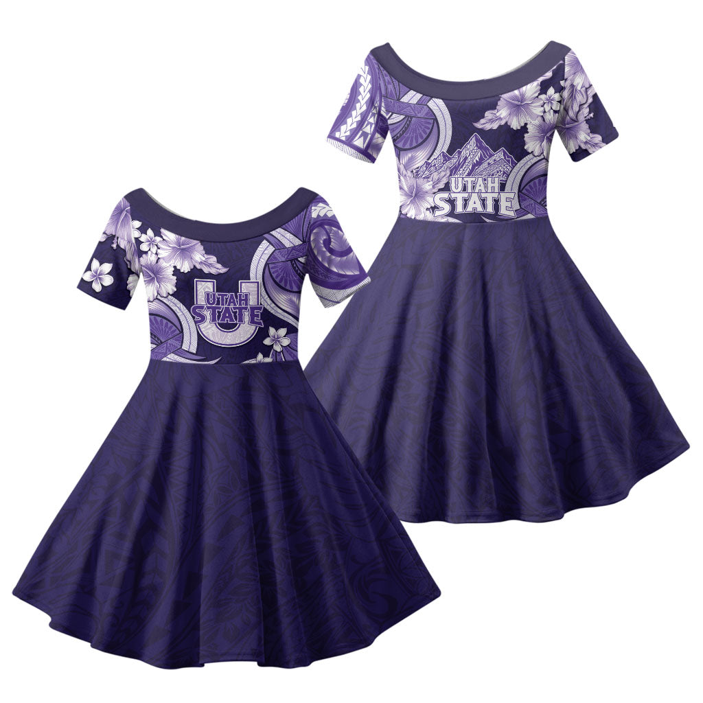 Utah State Polynesian Heritage Family Matching Off Shoulder Maxi Dress and Hawaiian Shirt Floral Tribal Pattern Tropical Flowers LT05 Daughter's Dress Purple - Polynesian Pride