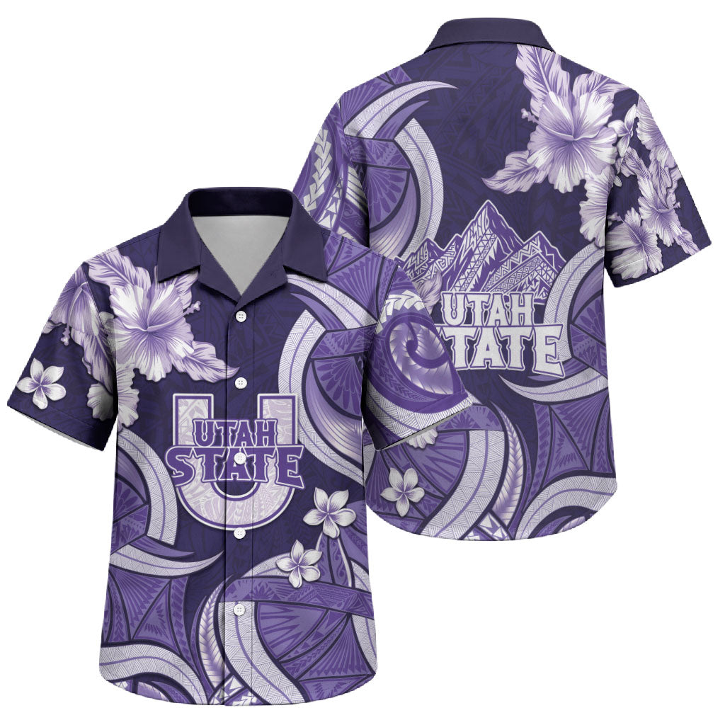 Utah State Polynesian Heritage Family Matching Off Shoulder Maxi Dress and Hawaiian Shirt Floral Tribal Pattern Tropical Flowers LT05 Son's Shirt Purple - Polynesian Pride