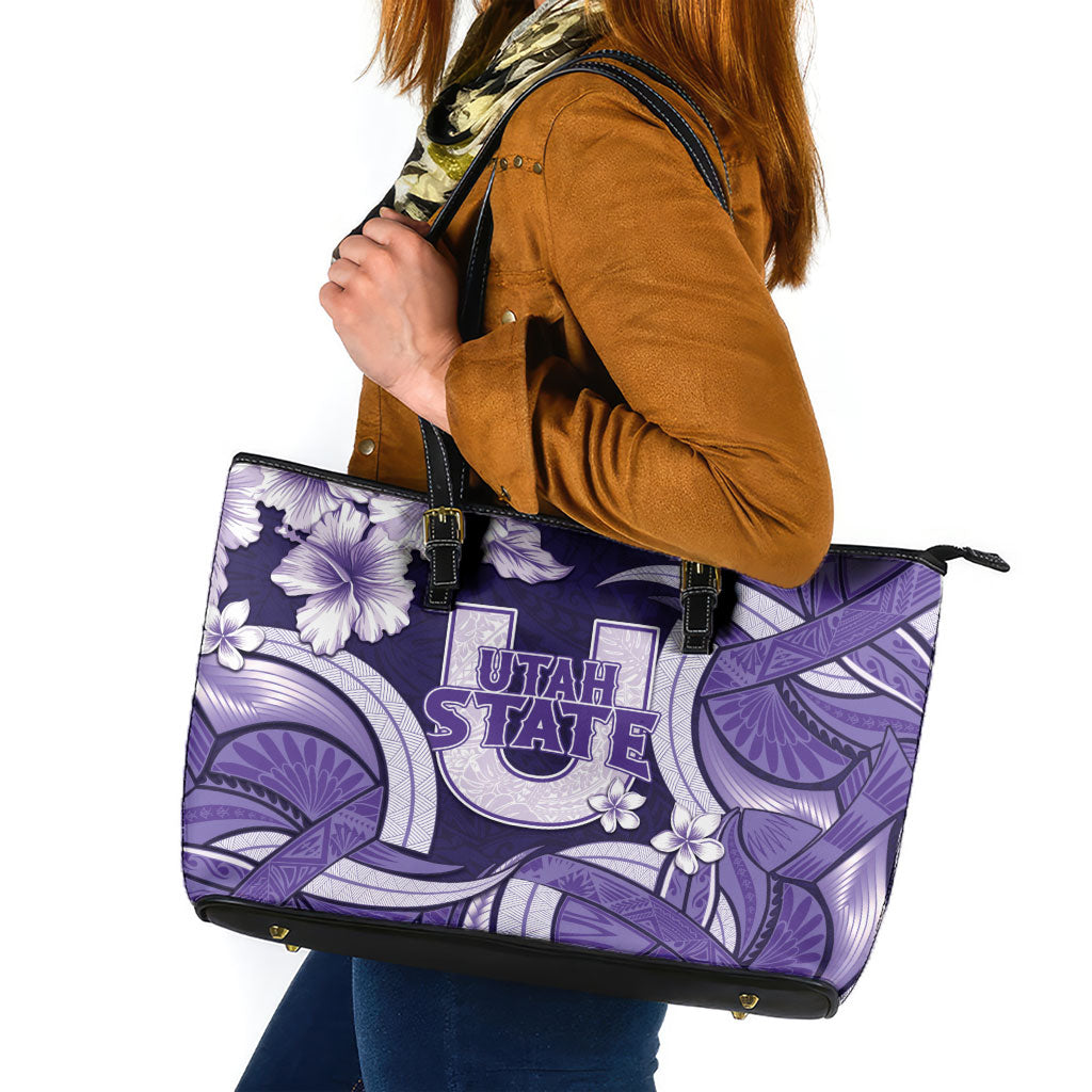 Utah State Polynesian Heritage Leather Tote Bag Floral Tribal Pattern Tropical Flowers LT05 Purple - Polynesian Pride