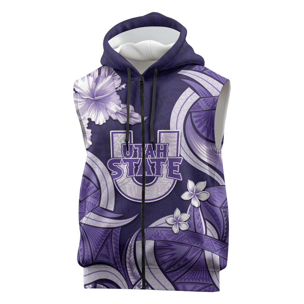 Utah State Polynesian Heritage Sleeveless Zip Hoodie Floral Tribal Pattern Tropical Flowers LT05 Purple - Polynesian Pride