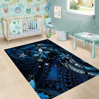 Hawaii Makahiki Season Area Rug Floral Tribal Tattoo Blue Galaxy