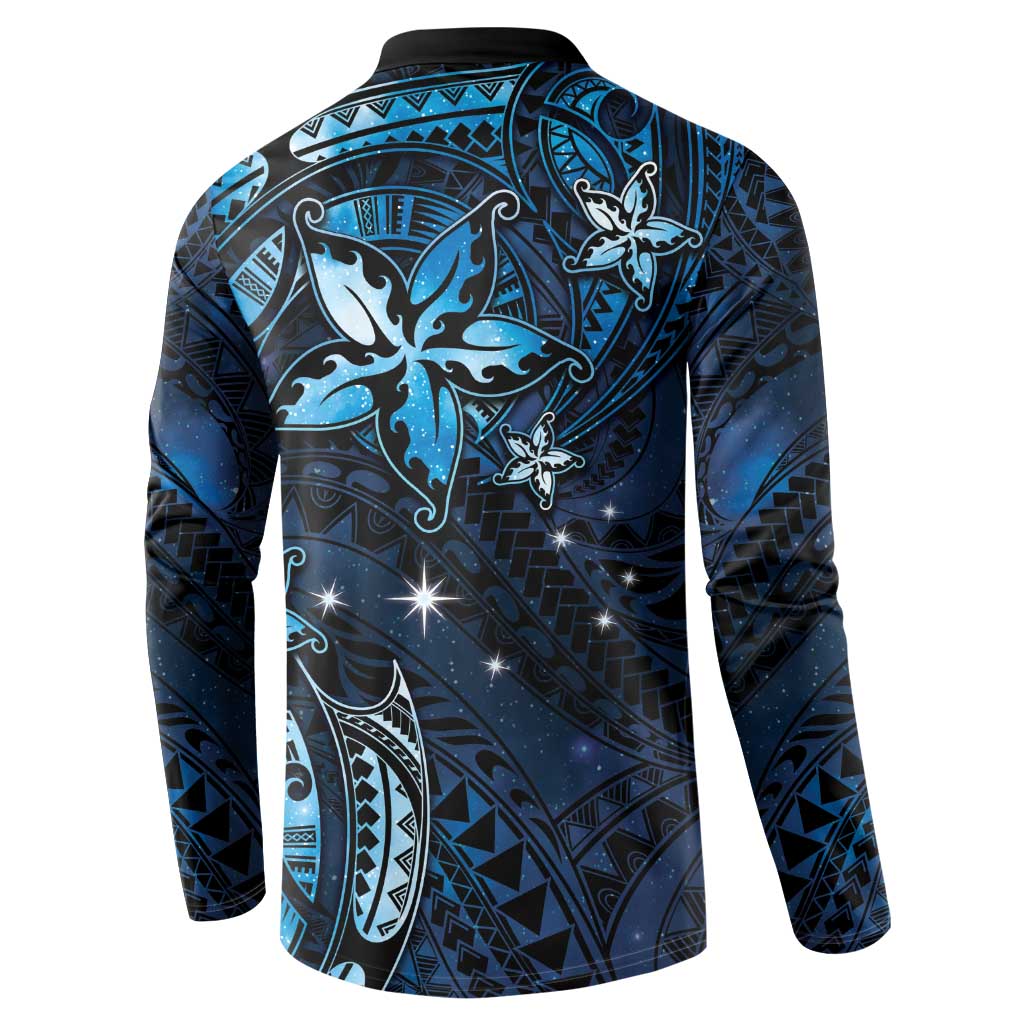 Hawaii Makahiki Season Button Sweatshirt Floral Tribal Tattoo Blue Galaxy