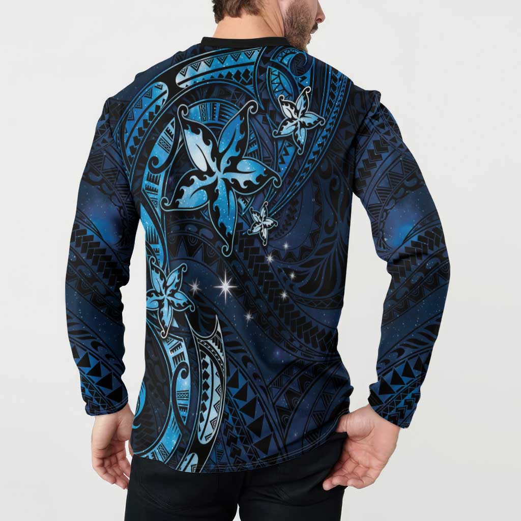 Hawaii Makahiki Season Button Sweatshirt Floral Tribal Tattoo Blue Galaxy