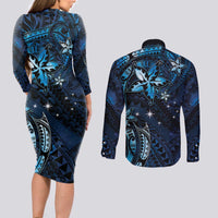 Hawaii Makahiki Season Couples Matching Long Sleeve Bodycon Dress and Long Sleeve Button Shirt Floral Tribal Tattoo Blue Galaxy