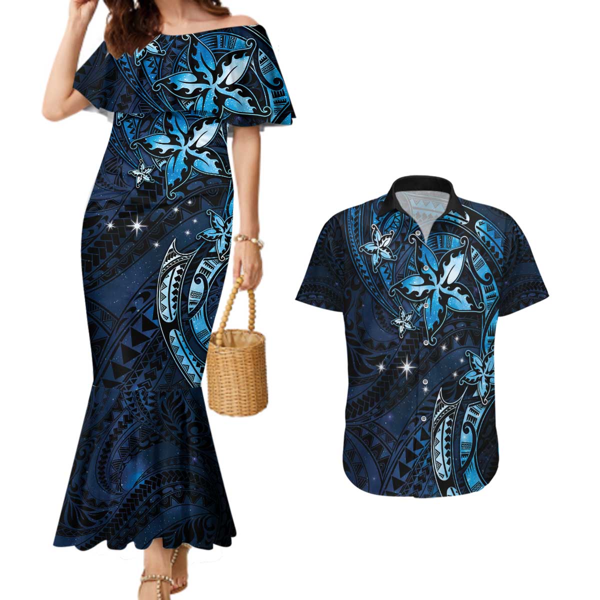 Hawaii Makahiki Season Couples Matching Mermaid Dress and Hawaiian Shirt Floral Tribal Tattoo Blue Galaxy LT05 Blue - Polynesian Pride