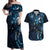 Hawaii Makahiki Season Couples Matching Off Shoulder Maxi Dress and Hawaiian Shirt Floral Tribal Tattoo Blue Galaxy