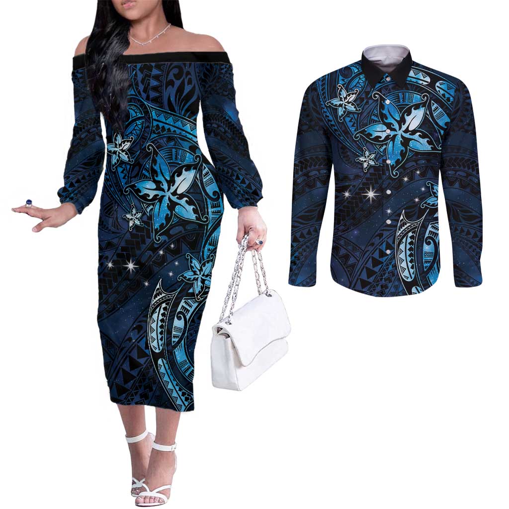 Hawaii Makahiki Season Couples Matching Off The Shoulder Long Sleeve Dress and Long Sleeve Button Shirt Floral Tribal Tattoo Blue Galaxy