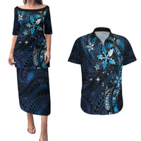 Hawaii Makahiki Season Couples Matching Puletasi and Hawaiian Shirt Floral Tribal Tattoo Blue Galaxy LT05 Blue - Polynesian Pride