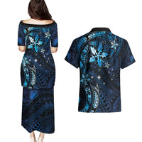 Hawaii Makahiki Season Couples Matching Puletasi and Hawaiian Shirt Floral Tribal Tattoo Blue Galaxy LT05 - Polynesian Pride