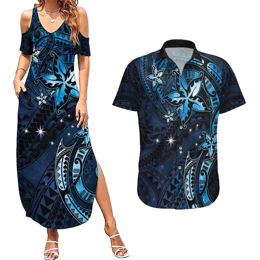 Hawaii Makahiki Season Couples Matching Summer Maxi Dress and Hawaiian Shirt Floral Tribal Tattoo Blue Galaxy