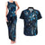 Hawaii Makahiki Season Couples Matching Tank Maxi Dress and Hawaiian Shirt Floral Tribal Tattoo Blue Galaxy