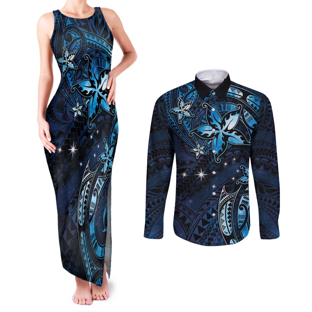 Hawaii Makahiki Season Couples Matching Tank Maxi Dress and Long Sleeve Button Shirt Floral Tribal Tattoo Blue Galaxy