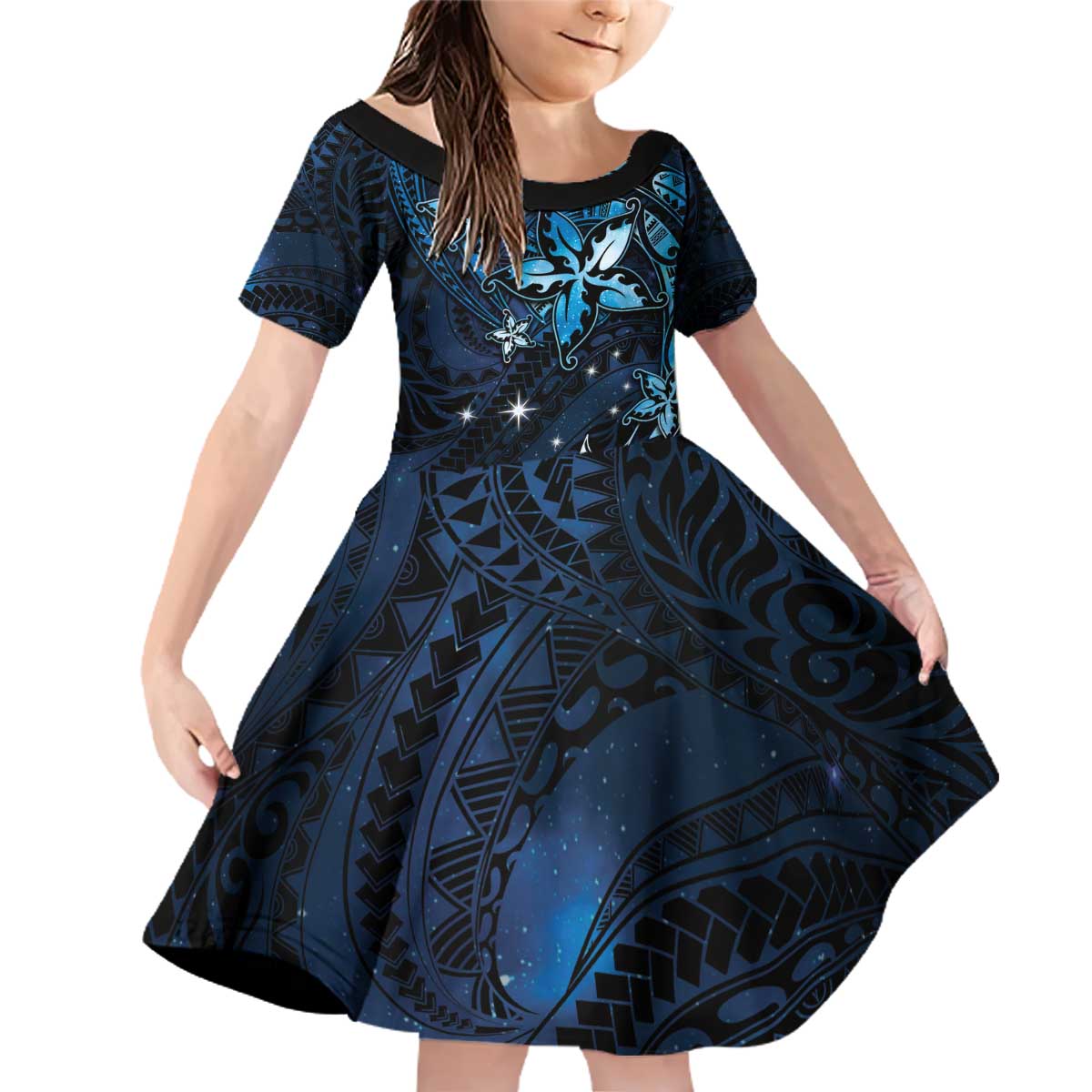 Hawaii Makahiki Season Family Matching Off Shoulder Short Dress and Hawaiian Shirt Floral Tribal Tattoo Blue Galaxy