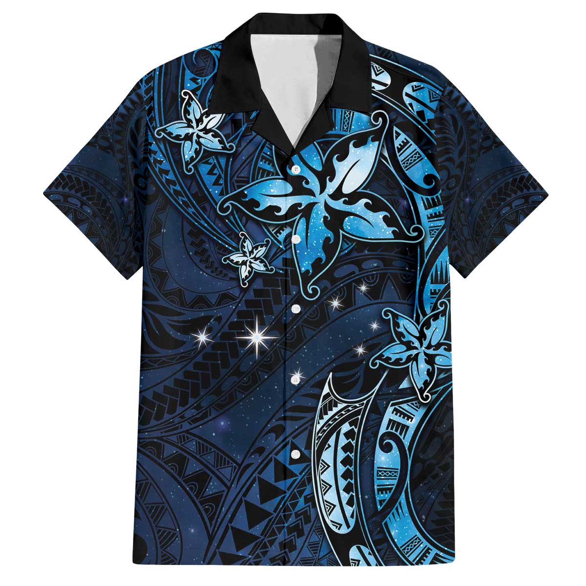 Hawaii Makahiki Season Family Matching Off Shoulder Short Dress and Hawaiian Shirt Floral Tribal Tattoo Blue Galaxy
