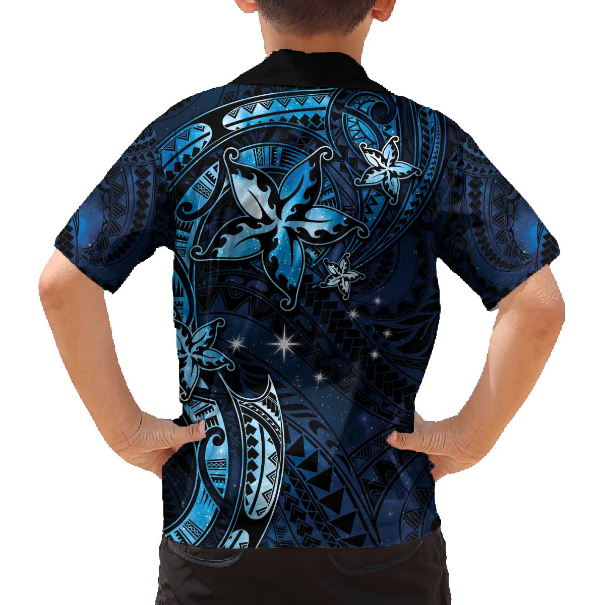 Hawaii Makahiki Season Family Matching Puletasi and Hawaiian Shirt Floral Tribal Tattoo Blue Galaxy LT05 - Polynesian Pride