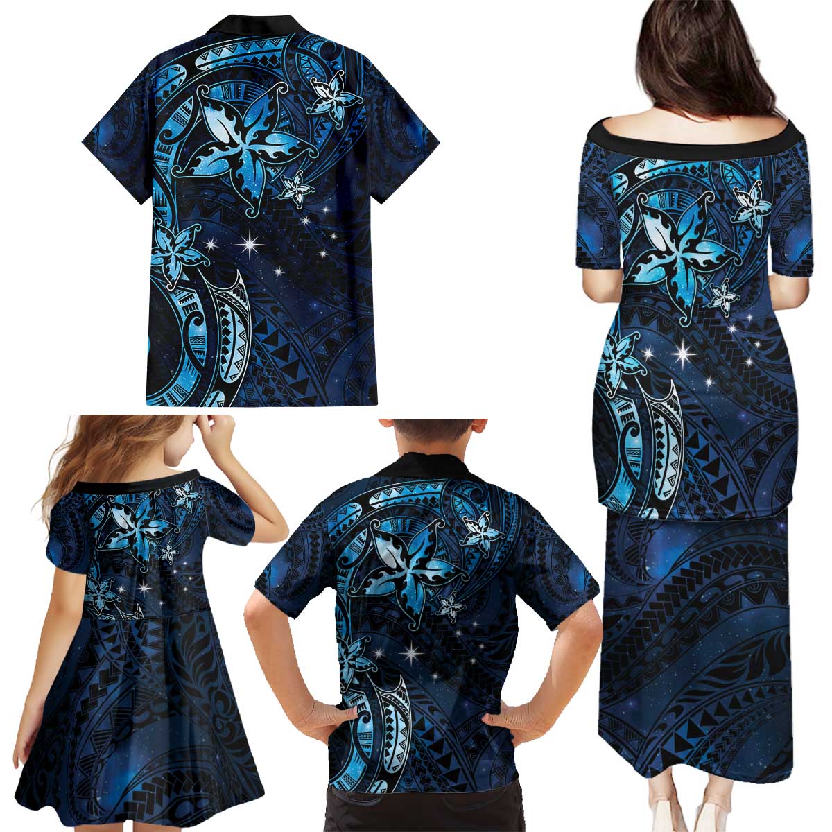 Hawaii Makahiki Season Family Matching Puletasi and Hawaiian Shirt Floral Tribal Tattoo Blue Galaxy LT05 - Polynesian Pride