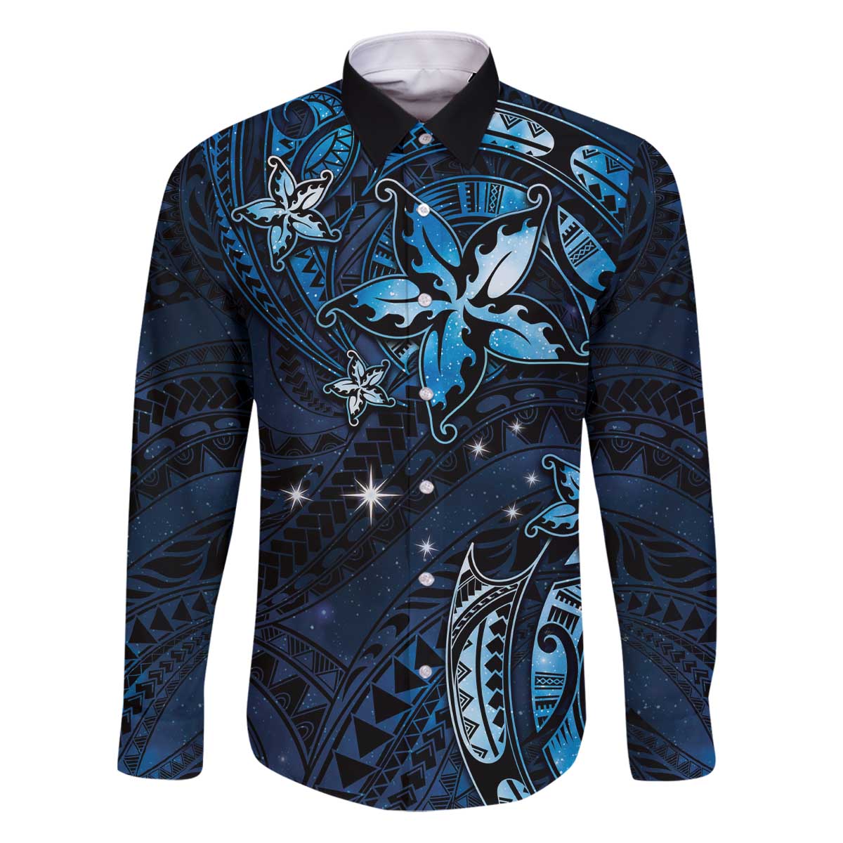 Hawaii Makahiki Season Family Matching Puletasi and Hawaiian Shirt Floral Tribal Tattoo Blue Galaxy LT05 Dad's Shirt - Long Sleeve Blue - Polynesian Pride