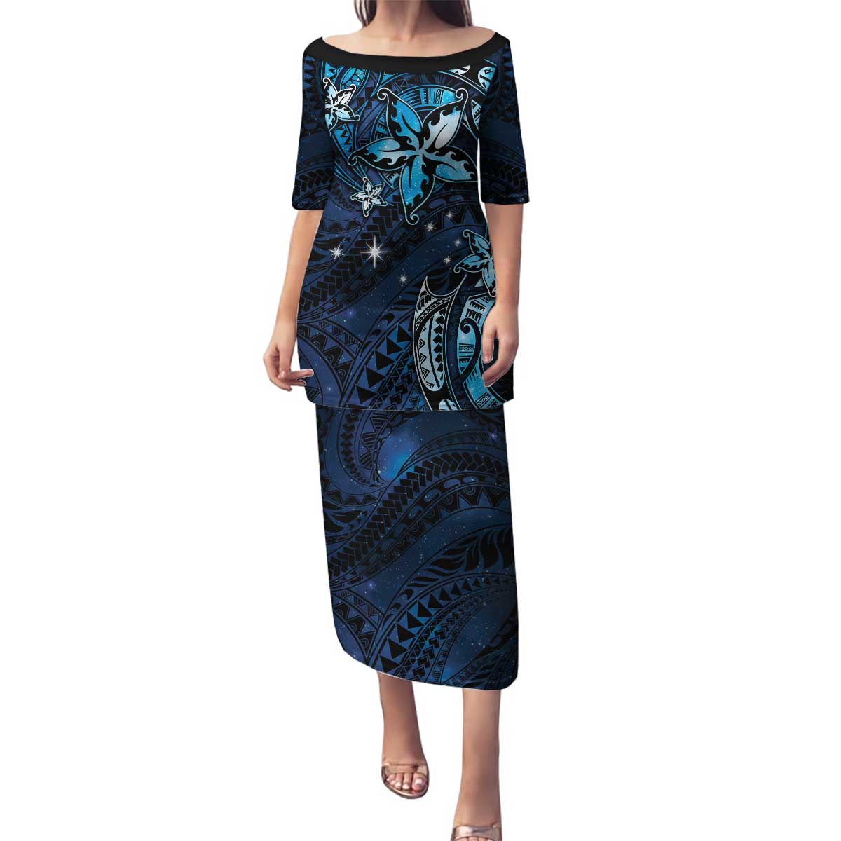 Hawaii Makahiki Season Family Matching Puletasi and Hawaiian Shirt Floral Tribal Tattoo Blue Galaxy LT05 Mom's Dress Blue - Polynesian Pride