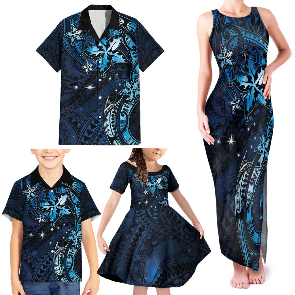 Hawaii Makahiki Season Family Matching Tank Maxi Dress and Hawaiian Shirt Floral Tribal Tattoo Blue Galaxy