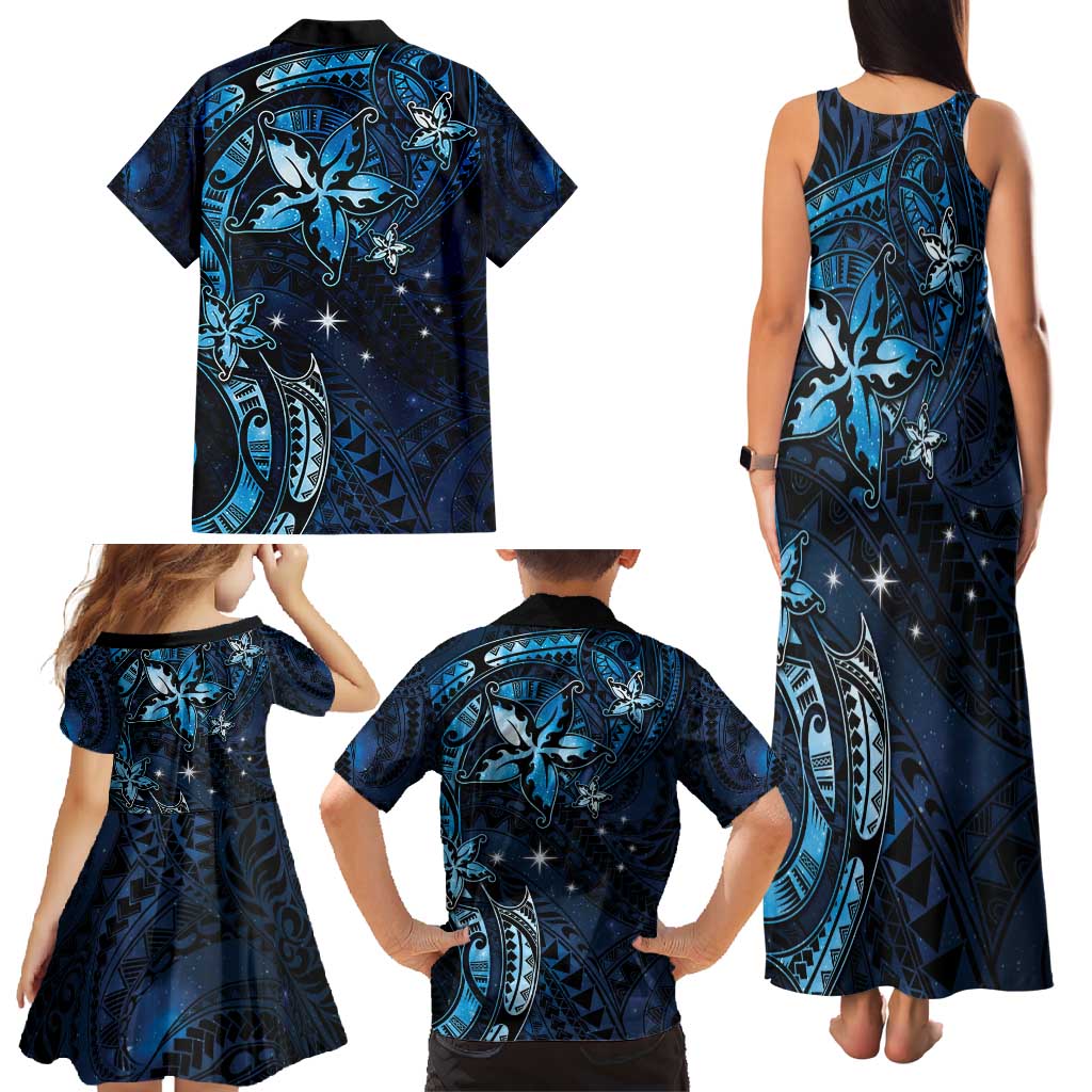 Hawaii Makahiki Season Family Matching Tank Maxi Dress and Hawaiian Shirt Floral Tribal Tattoo Blue Galaxy