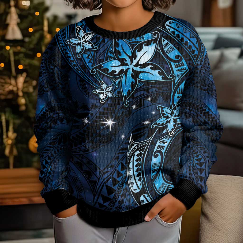 Hawaii Makahiki Season Kid Ugly Christmas Sweater Floral Tribal Tattoo Blue Galaxy
