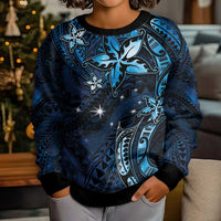 Hawaii Makahiki Season Kid Ugly Christmas Sweater Floral Tribal Tattoo Blue Galaxy