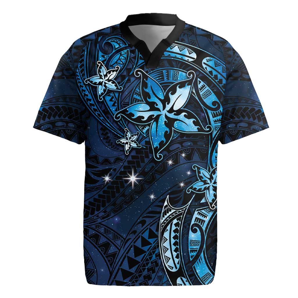 Hawaii Makahiki Season Rugby Jersey Floral Tribal Tattoo Blue Galaxy