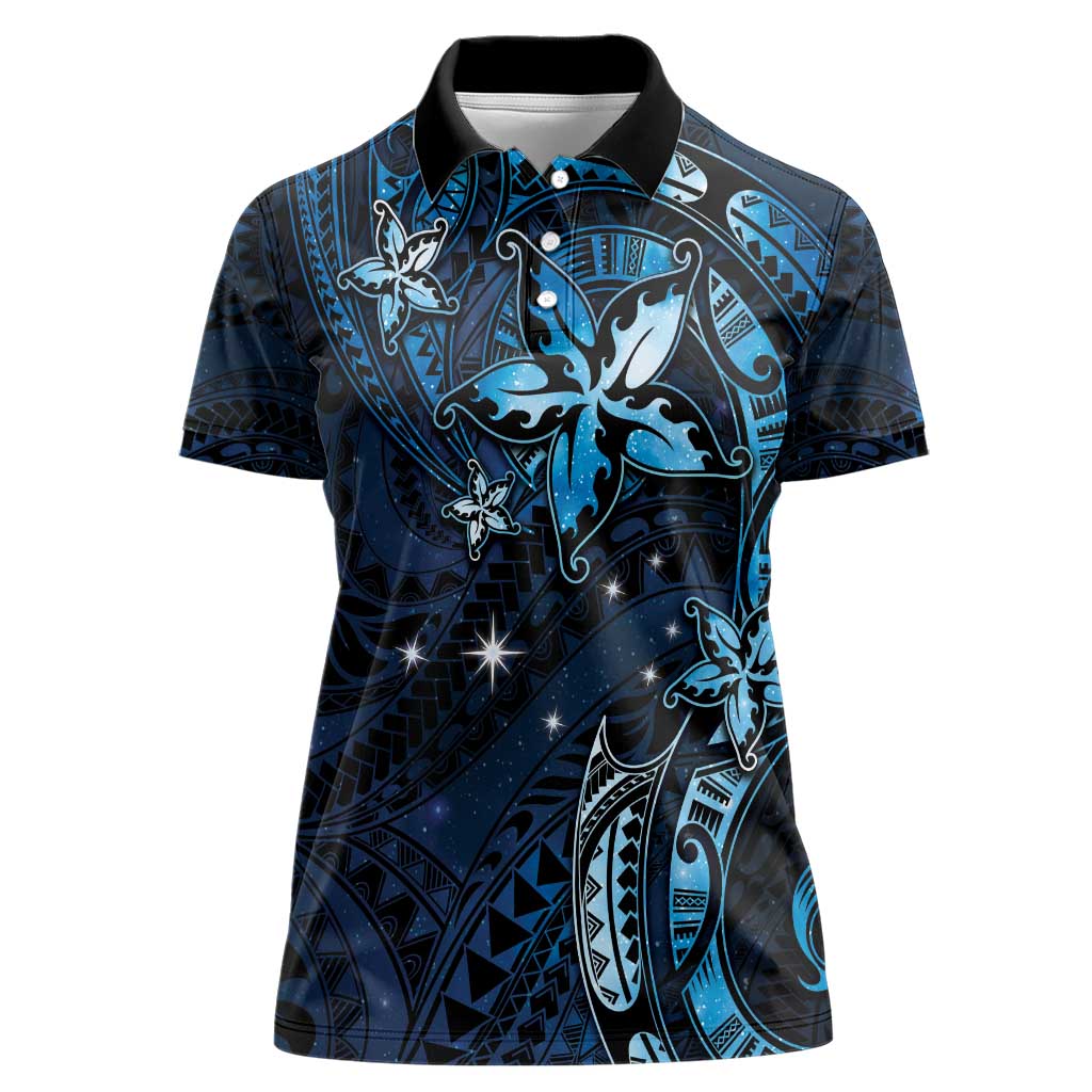 Hawaii Makahiki Season Women Polo Shirt Floral Tribal Tattoo Blue Galaxy LT05 Female Blue - Polynesian Pride