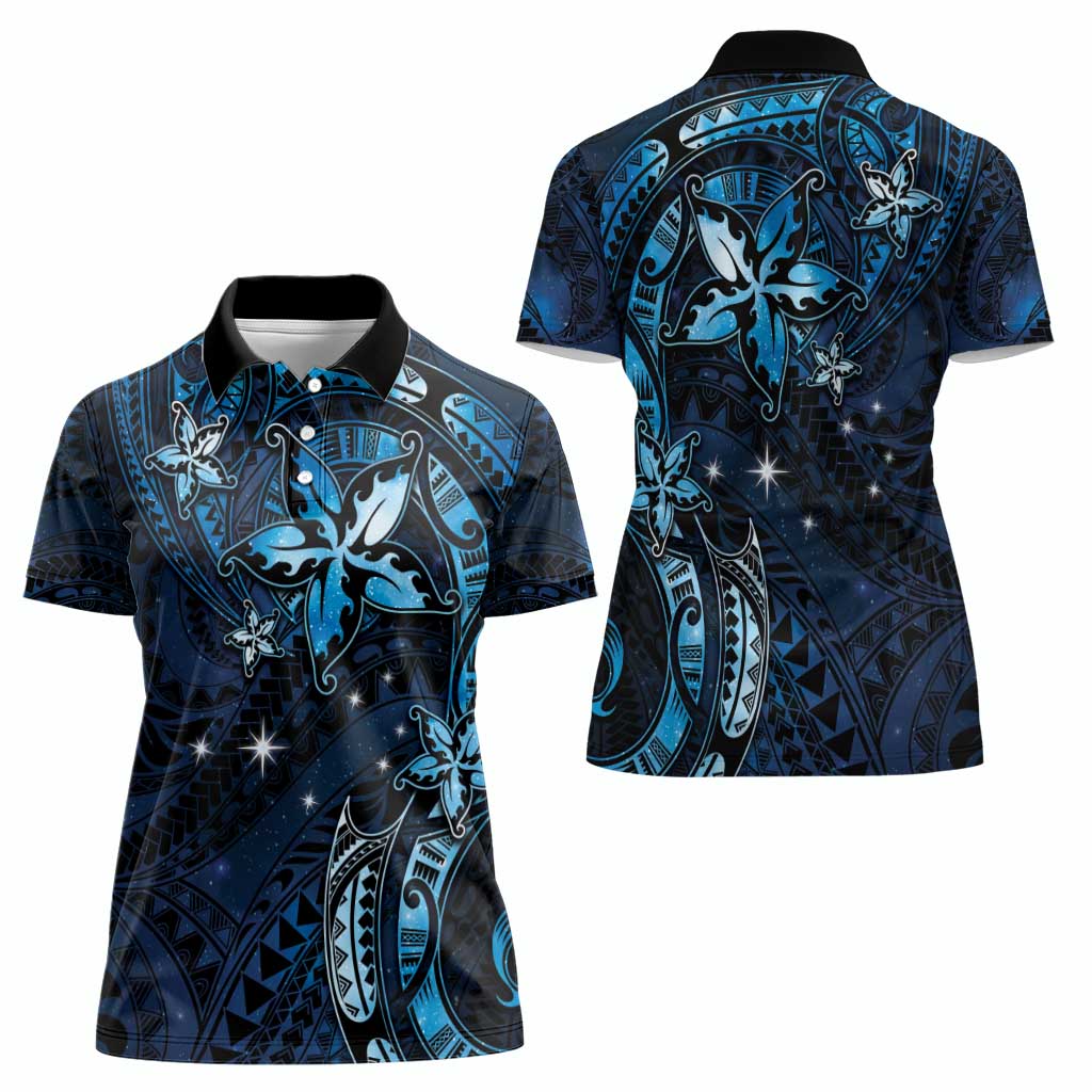 Hawaii Makahiki Season Women Polo Shirt Floral Tribal Tattoo Blue Galaxy LT05 - Polynesian Pride