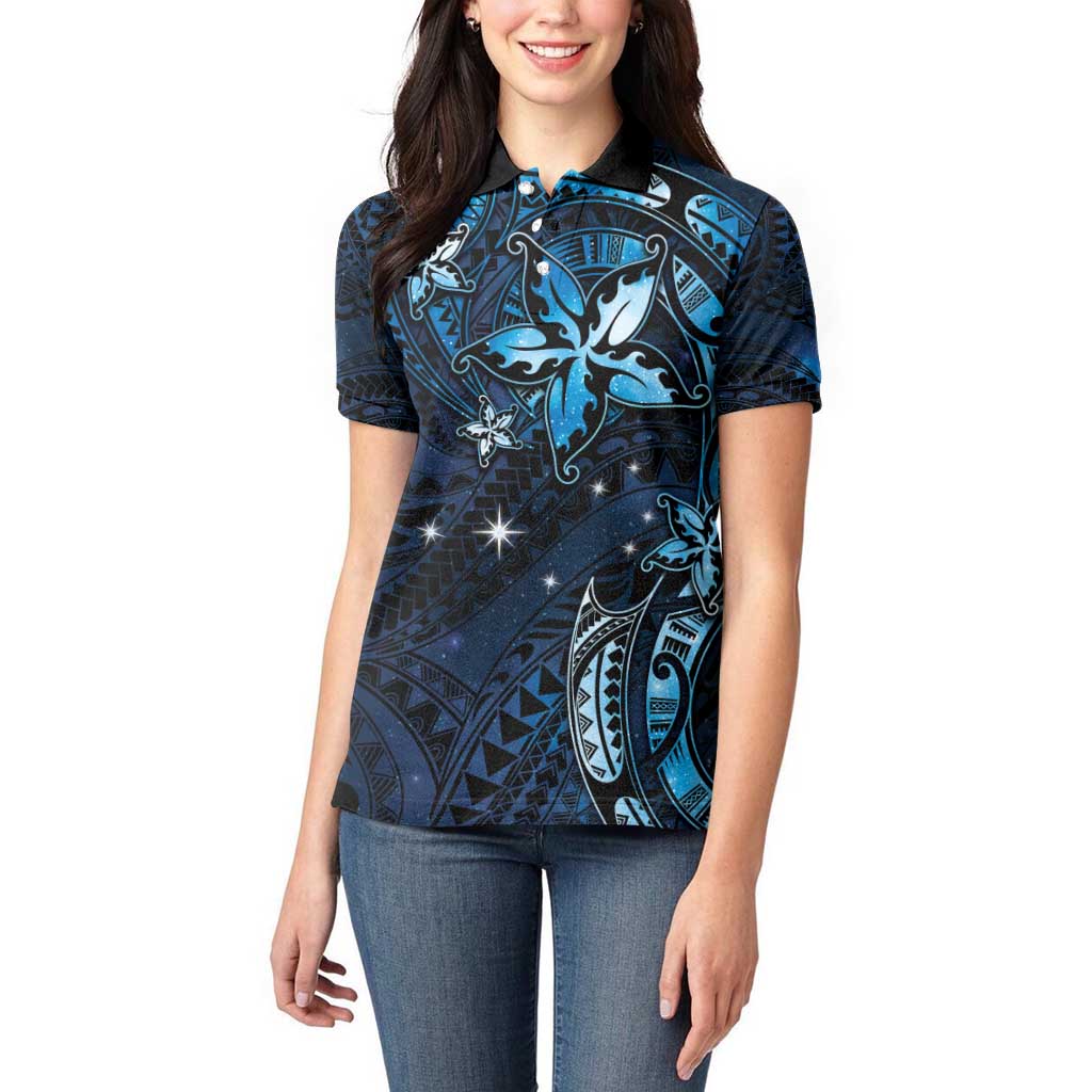 Hawaii Makahiki Season Women Polo Shirt Floral Tribal Tattoo Blue Galaxy LT05 - Polynesian Pride