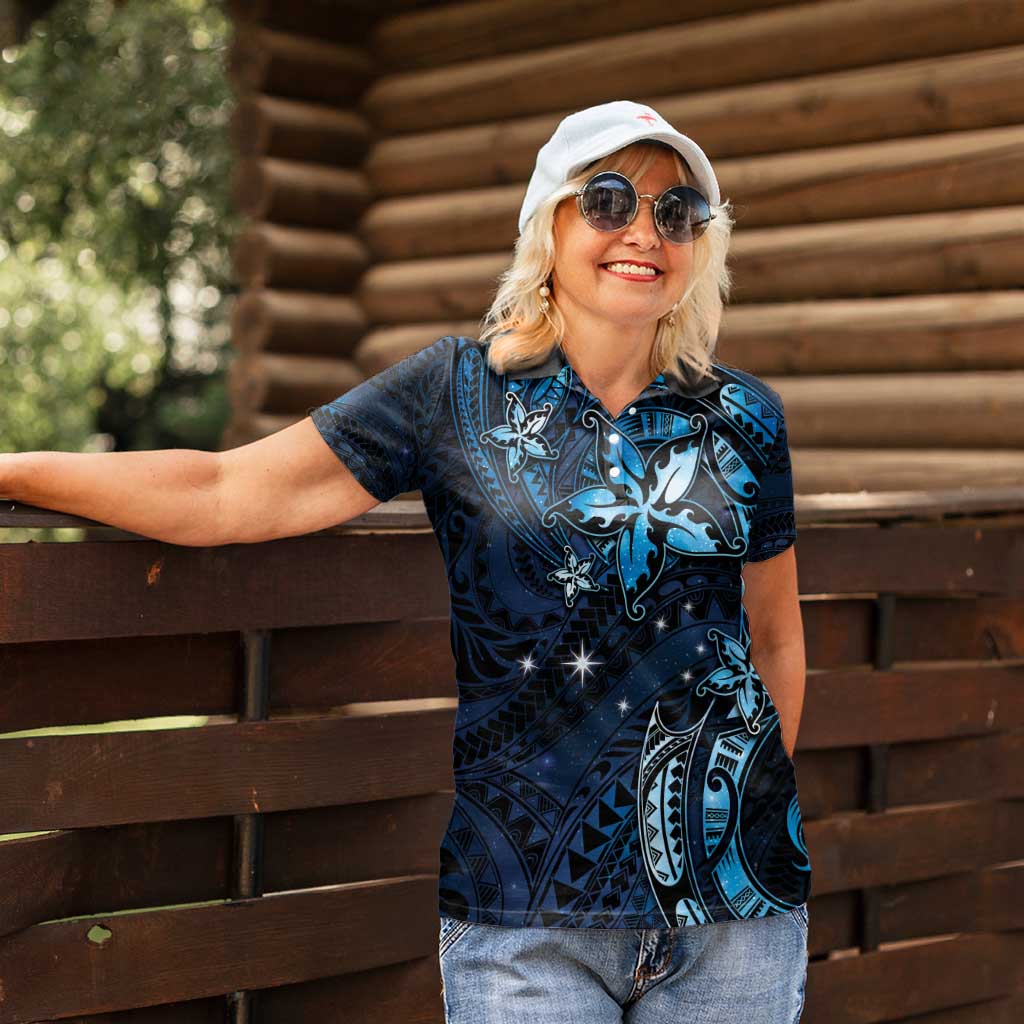 Hawaii Makahiki Season Women Polo Shirt Floral Tribal Tattoo Blue Galaxy LT05 - Polynesian Pride