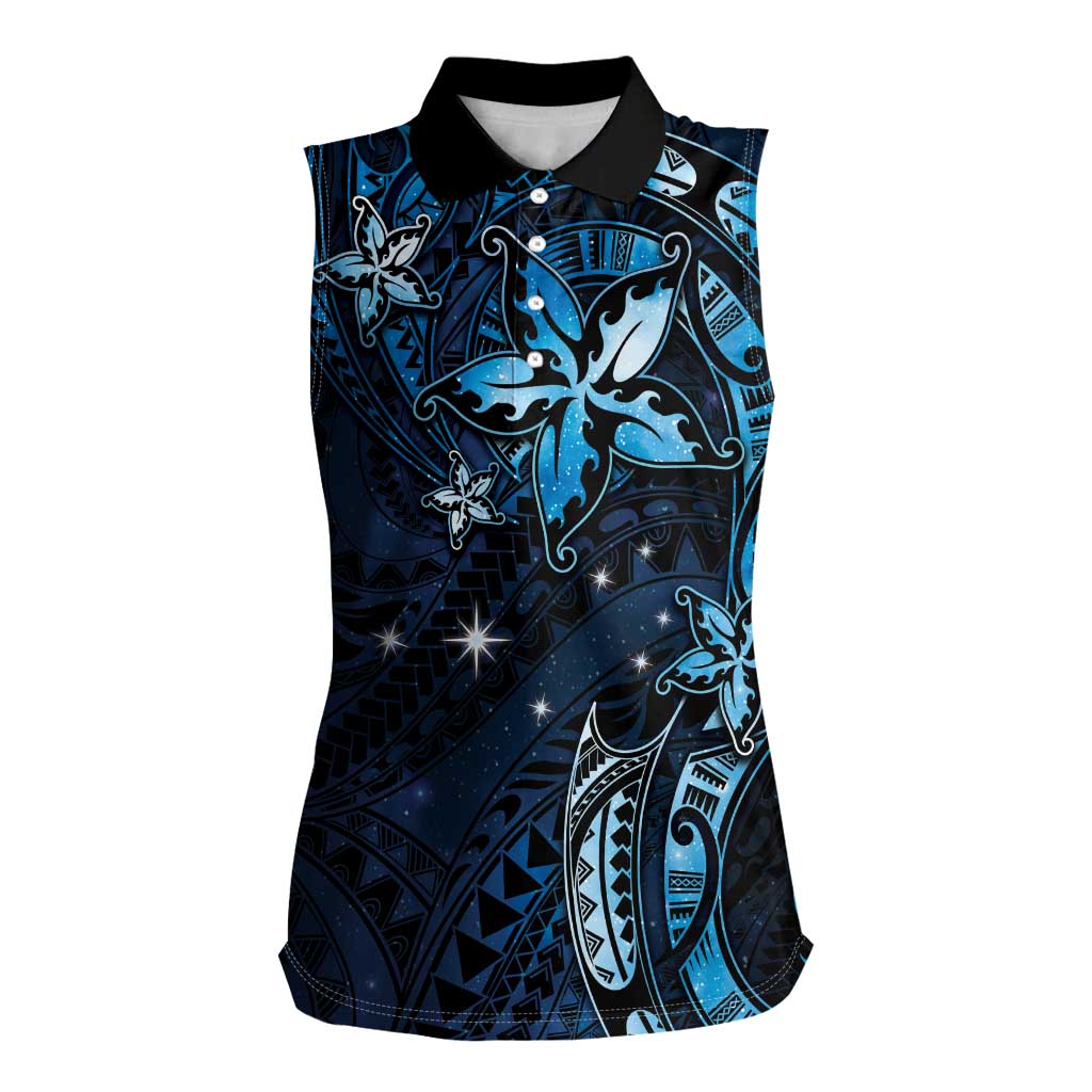 Hawaii Makahiki Season Women Sleeveless Polo Shirt Floral Tribal Tattoo Blue Galaxy LT05 Female Blue - Polynesian Pride
