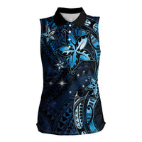 Hawaii Makahiki Season Women Sleeveless Polo Shirt Floral Tribal Tattoo Blue Galaxy LT05 Female Blue - Polynesian Pride