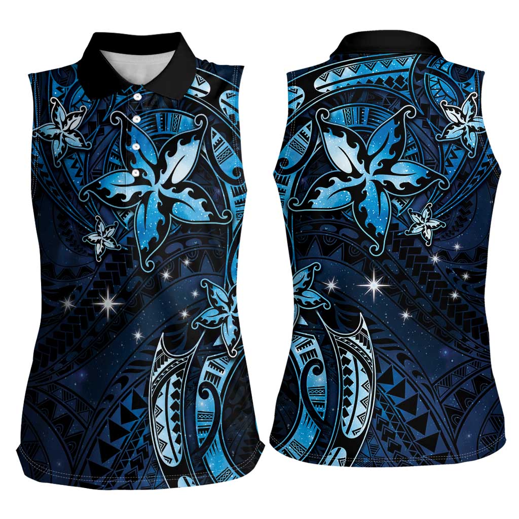 Hawaii Makahiki Season Women Sleeveless Polo Shirt Floral Tribal Tattoo Blue Galaxy LT05 - Polynesian Pride