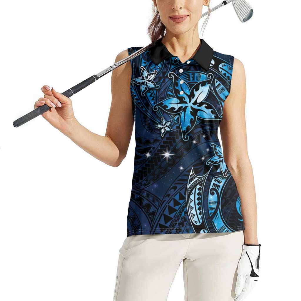 Hawaii Makahiki Season Women Sleeveless Polo Shirt Floral Tribal Tattoo Blue Galaxy LT05 - Polynesian Pride