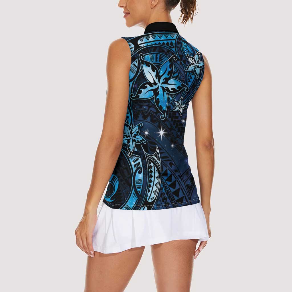 Hawaii Makahiki Season Women Sleeveless Polo Shirt Floral Tribal Tattoo Blue Galaxy LT05 - Polynesian Pride