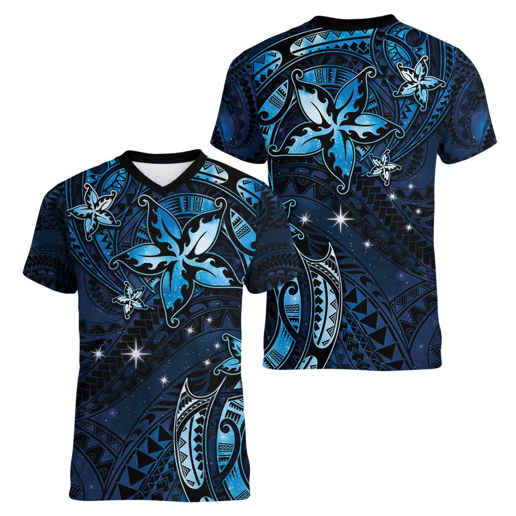 Hawaii Makahiki Season Women V-Neck T-Shirt Floral Tribal Tattoo Blue Galaxy LT05 - Polynesian Pride