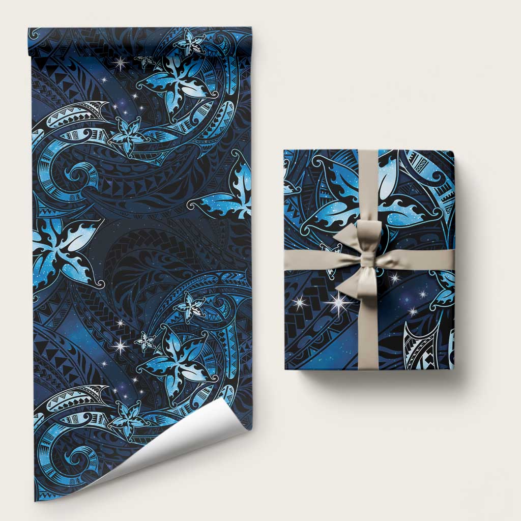 Hawaii Makahiki Season Wrapping Paper Floral Tribal Tattoo Blue Galaxy - Polynesian Pride