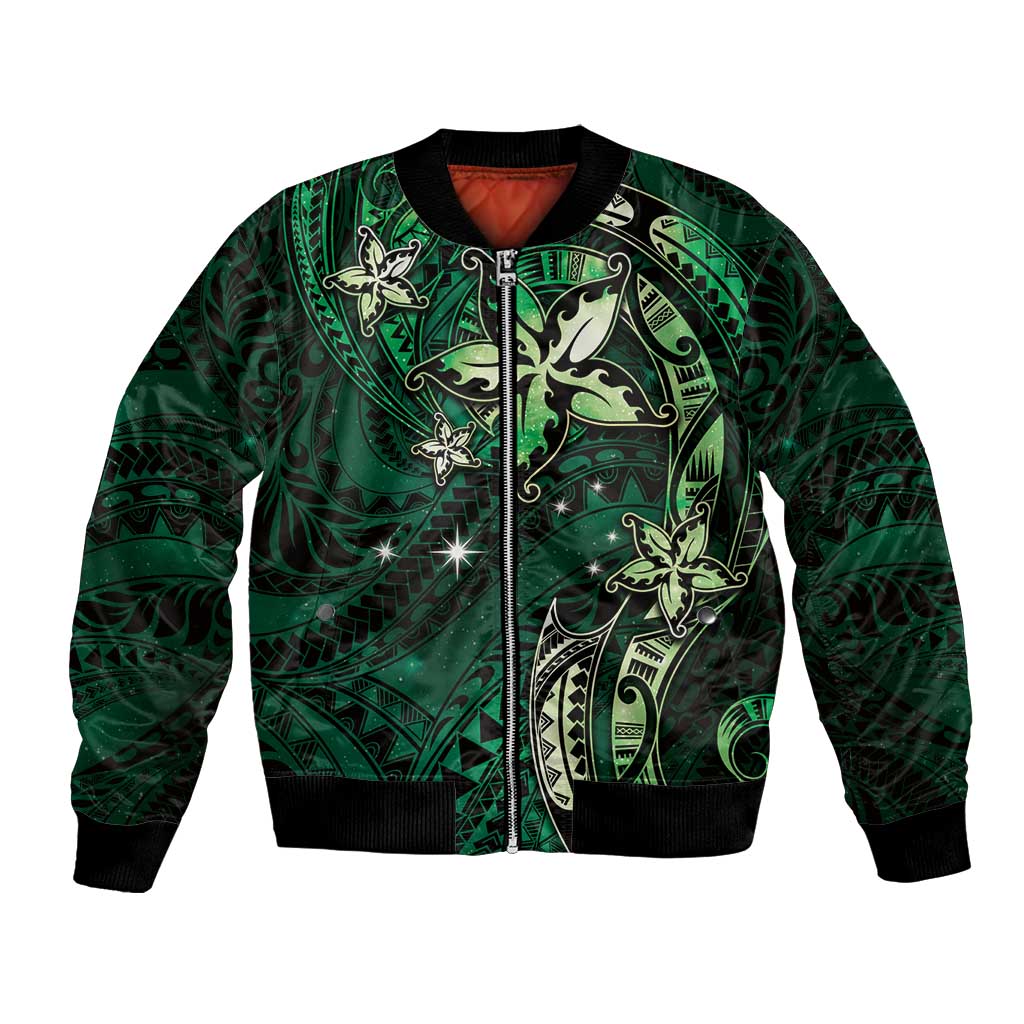 Hawaii Makahiki Season Bomber Jacket Floral Tribal Tattoo Green Galaxy