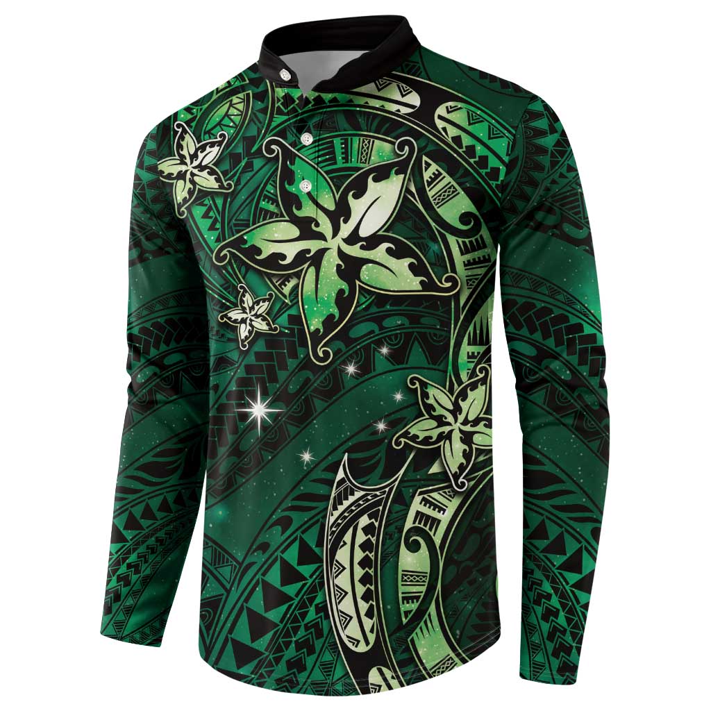 Hawaii Makahiki Season Button Sweatshirt Floral Tribal Tattoo Green Galaxy