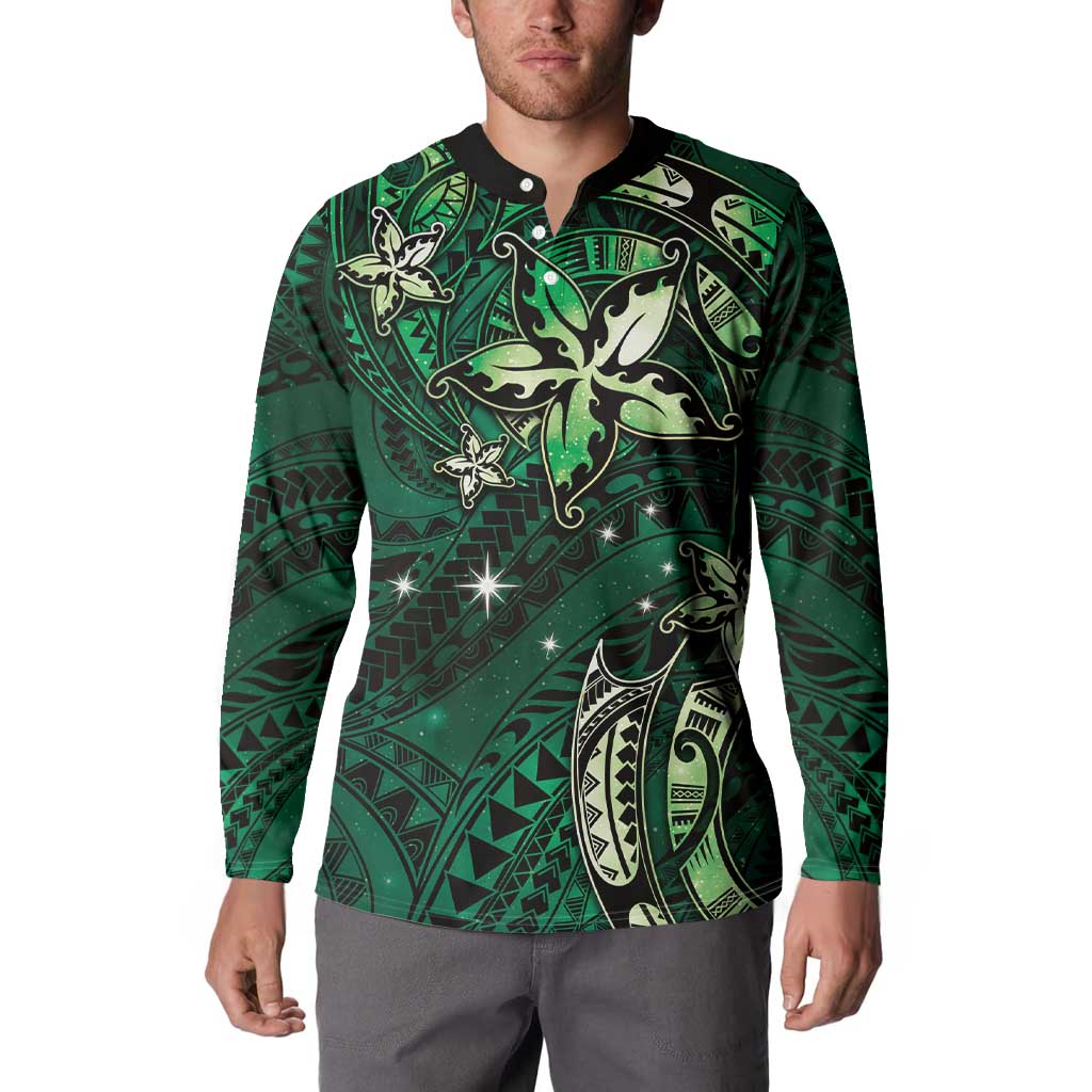 Hawaii Makahiki Season Button Sweatshirt Floral Tribal Tattoo Green Galaxy
