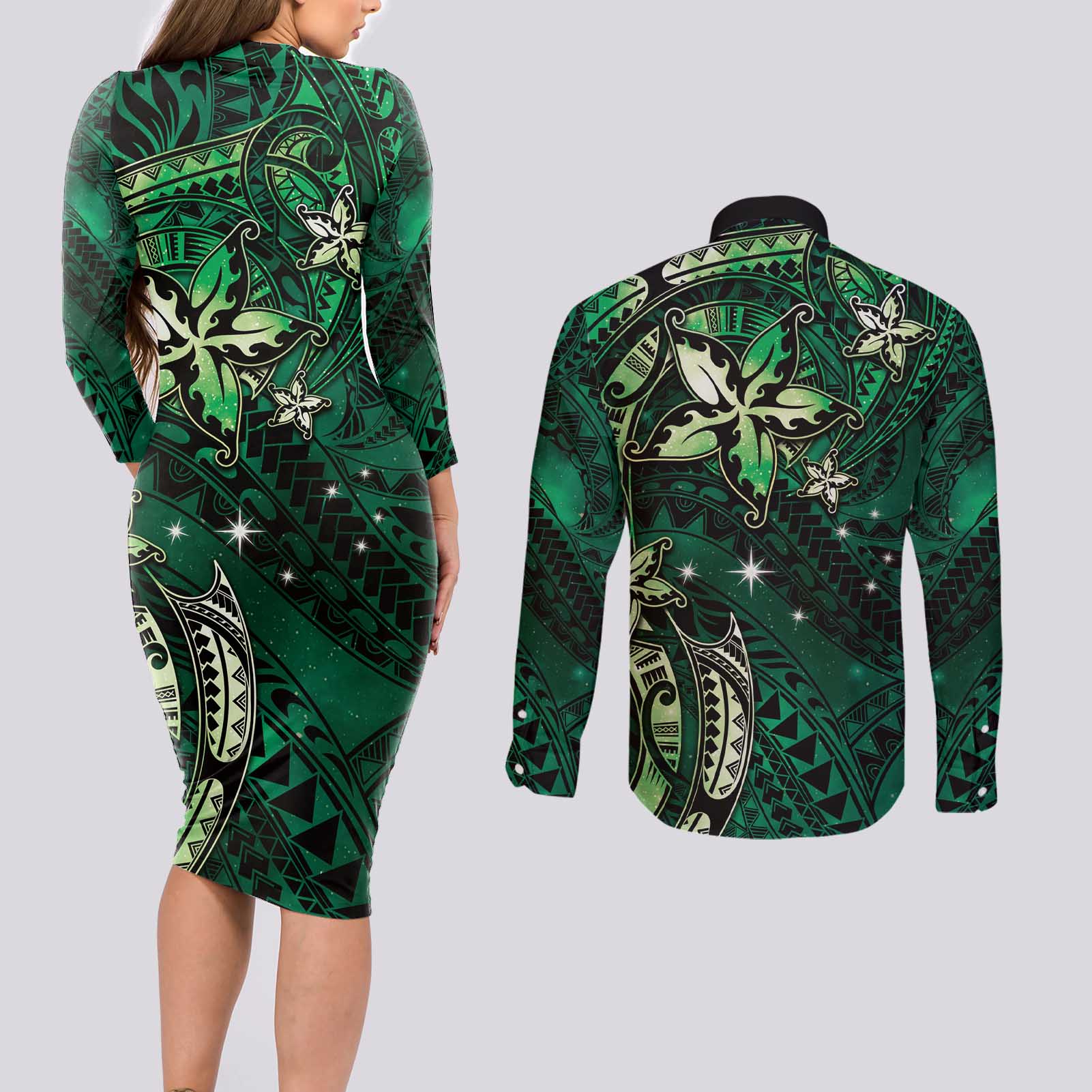 Hawaii Makahiki Season Couples Matching Long Sleeve Bodycon Dress and Long Sleeve Button Shirt Floral Tribal Tattoo Green Galaxy