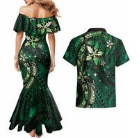 Hawaii Makahiki Season Couples Matching Mermaid Dress and Hawaiian Shirt Floral Tribal Tattoo Green Galaxy LT05 - Polynesian Pride