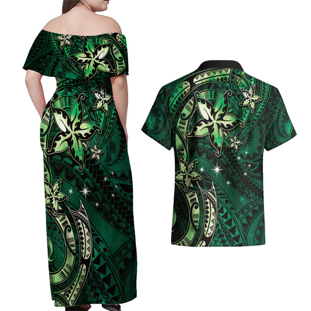 Hawaii Makahiki Season Couples Matching Off Shoulder Maxi Dress and Hawaiian Shirt Floral Tribal Tattoo Green Galaxy