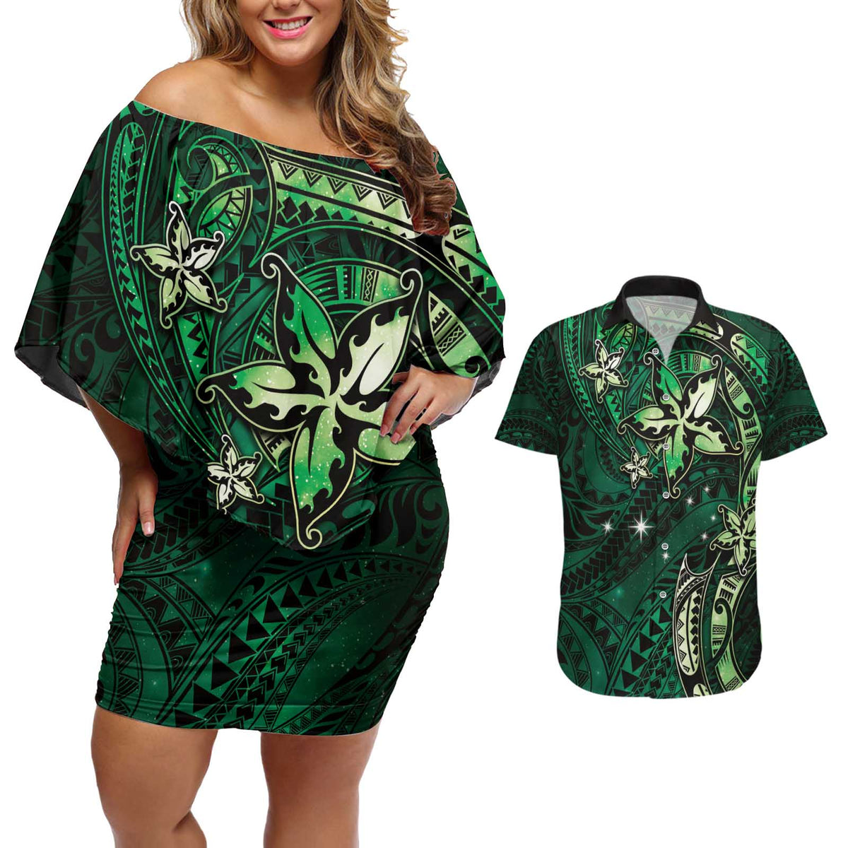 Hawaii Makahiki Season Couples Matching Off Shoulder Short Dress and Hawaiian Shirt Floral Tribal Tattoo Green Galaxy