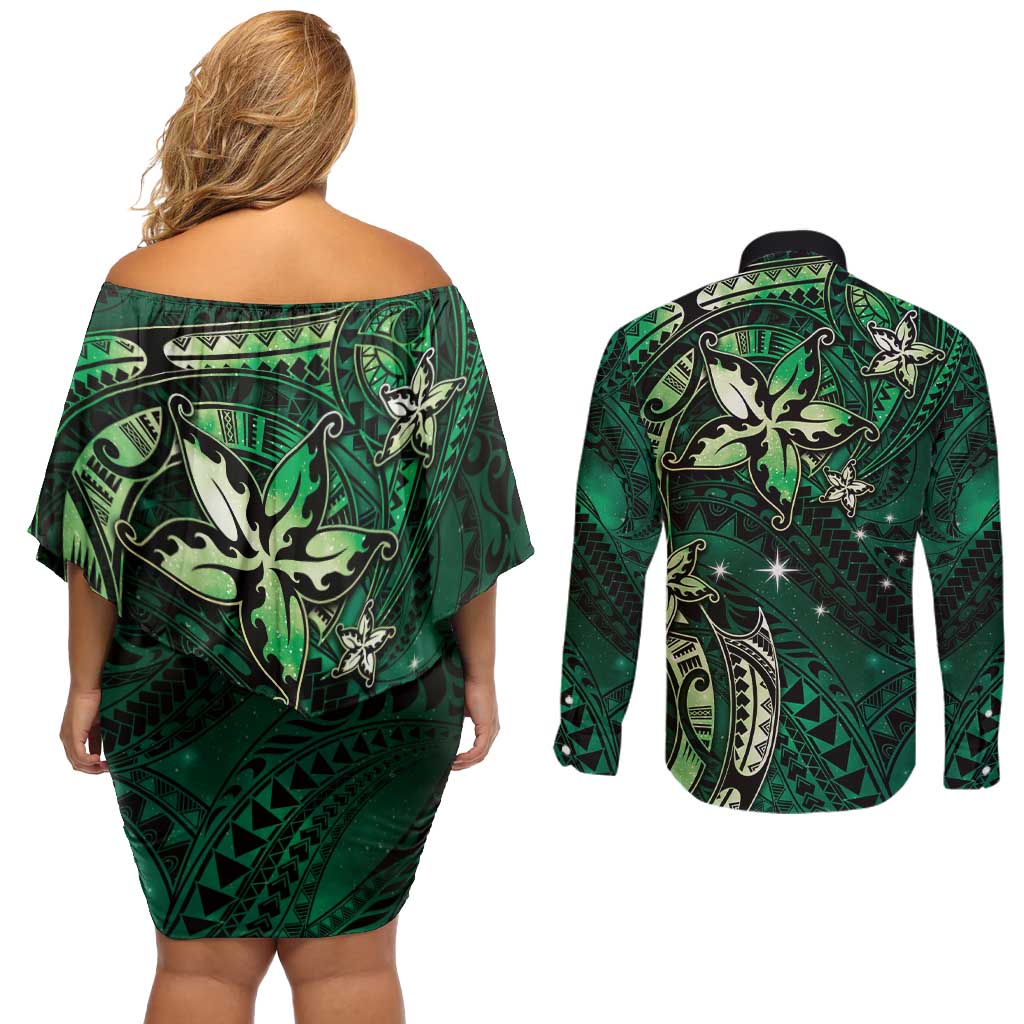 Hawaii Makahiki Season Couples Matching Off Shoulder Short Dress and Long Sleeve Button Shirt Floral Tribal Tattoo Green Galaxy