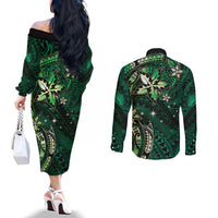 Hawaii Makahiki Season Couples Matching Off The Shoulder Long Sleeve Dress and Long Sleeve Button Shirt Floral Tribal Tattoo Green Galaxy